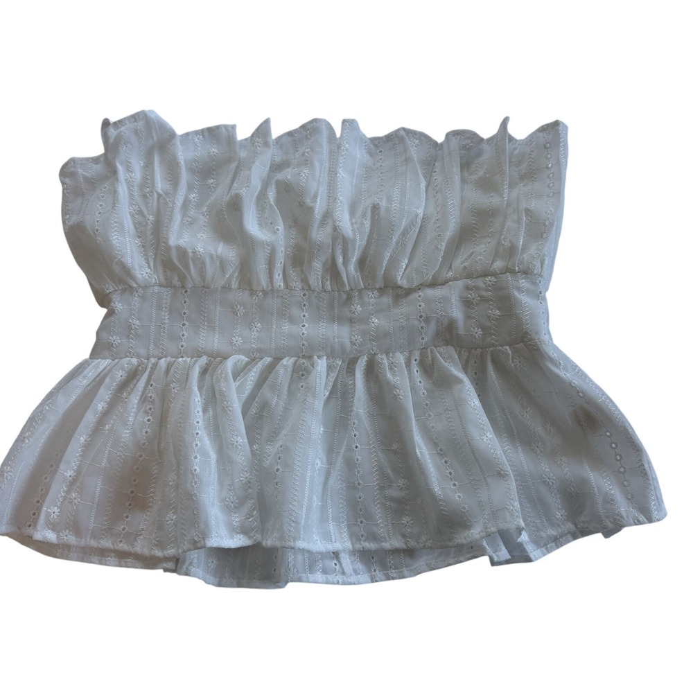 NWT Thirty Thirty LA Strapless Eyelet‎ Lace Peplum Top White Boho Cottagecore L